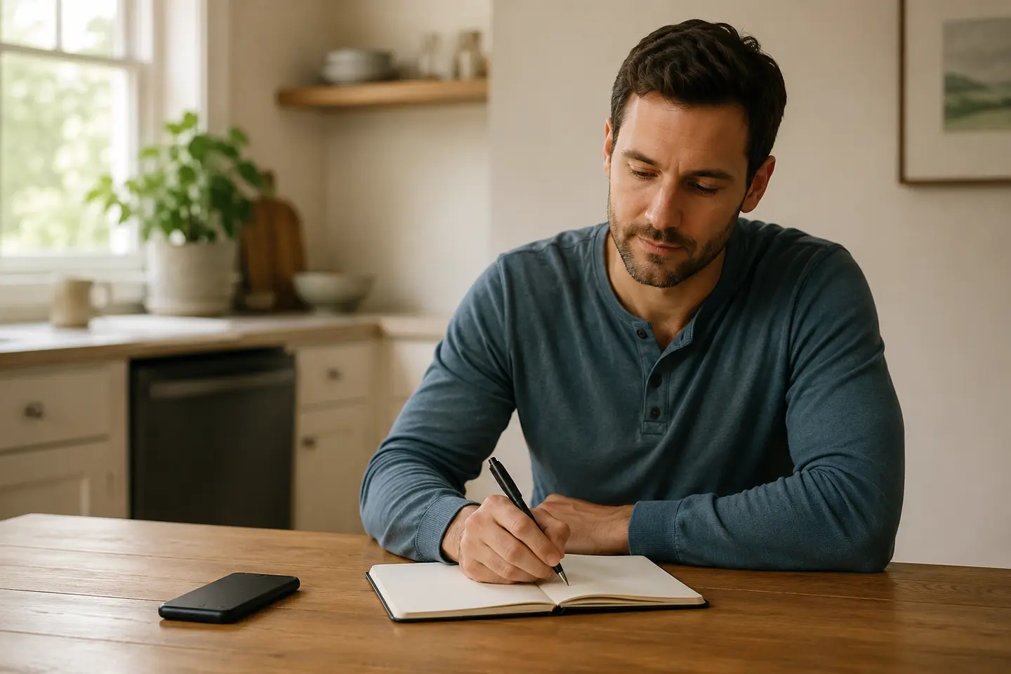 A man puts his phone aside and writes his next step in a notebook
